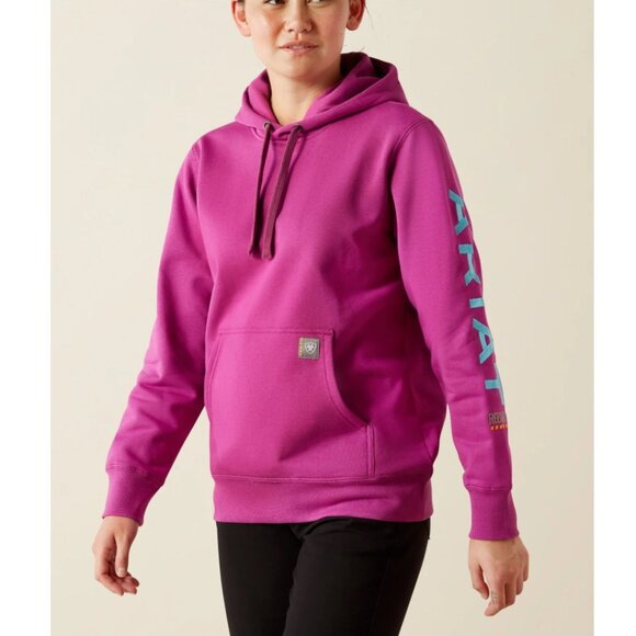 NEW Ariat Womens Rebar Logo Graphic Sleeve Hoodie in Plum - Picture 1 of 2